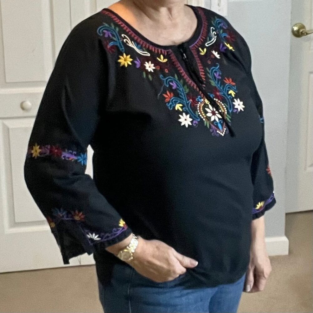 Bay Studio Black Embroidered Boho Blouse – Size S – 100% Cotton